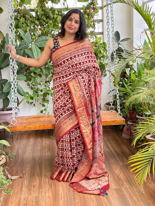 Tista- Natural Dyed Contemporary Ajrakh Dola Silk Saree