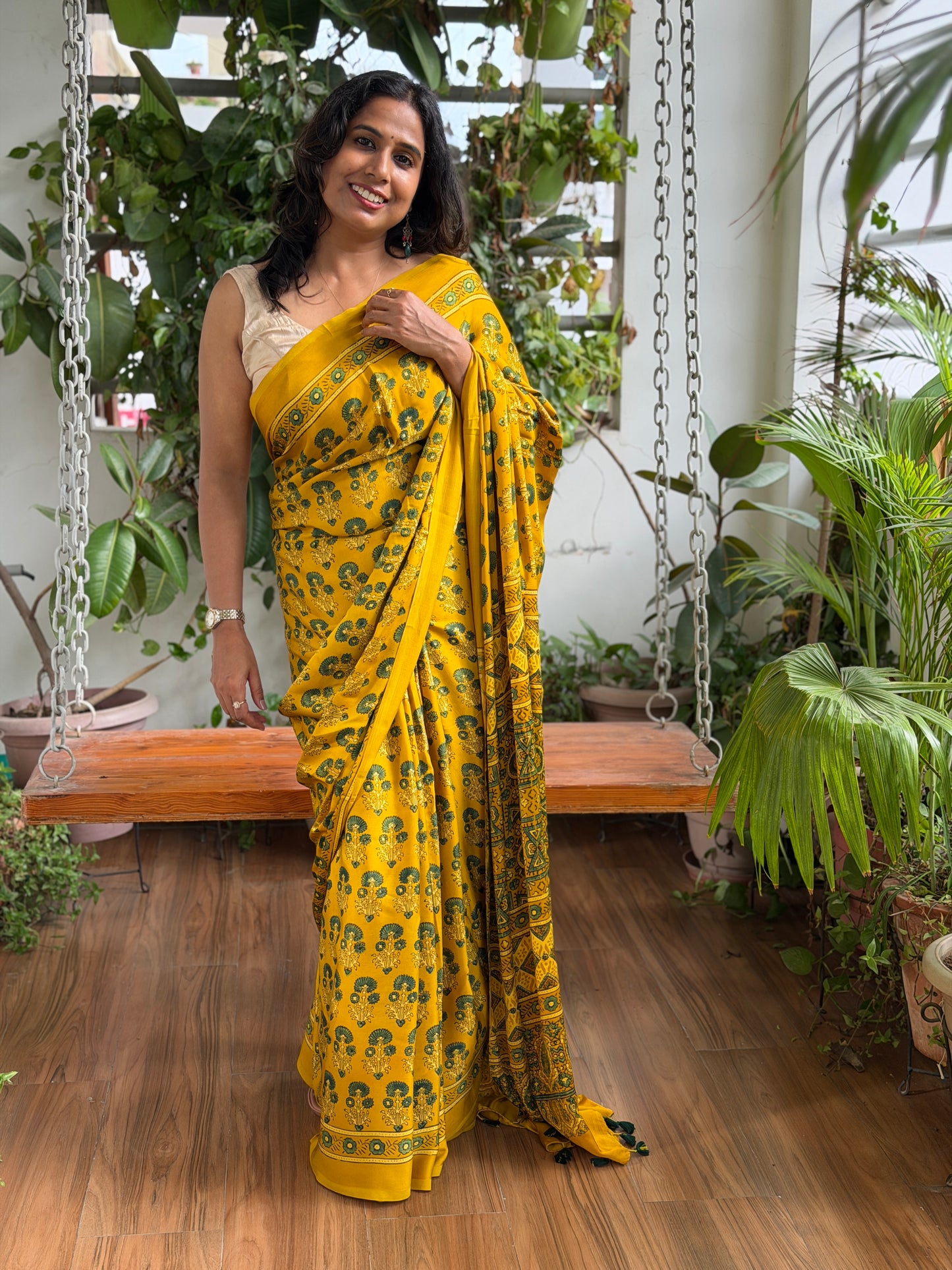 Ajrakh Modal Yellow Small Buta Saree