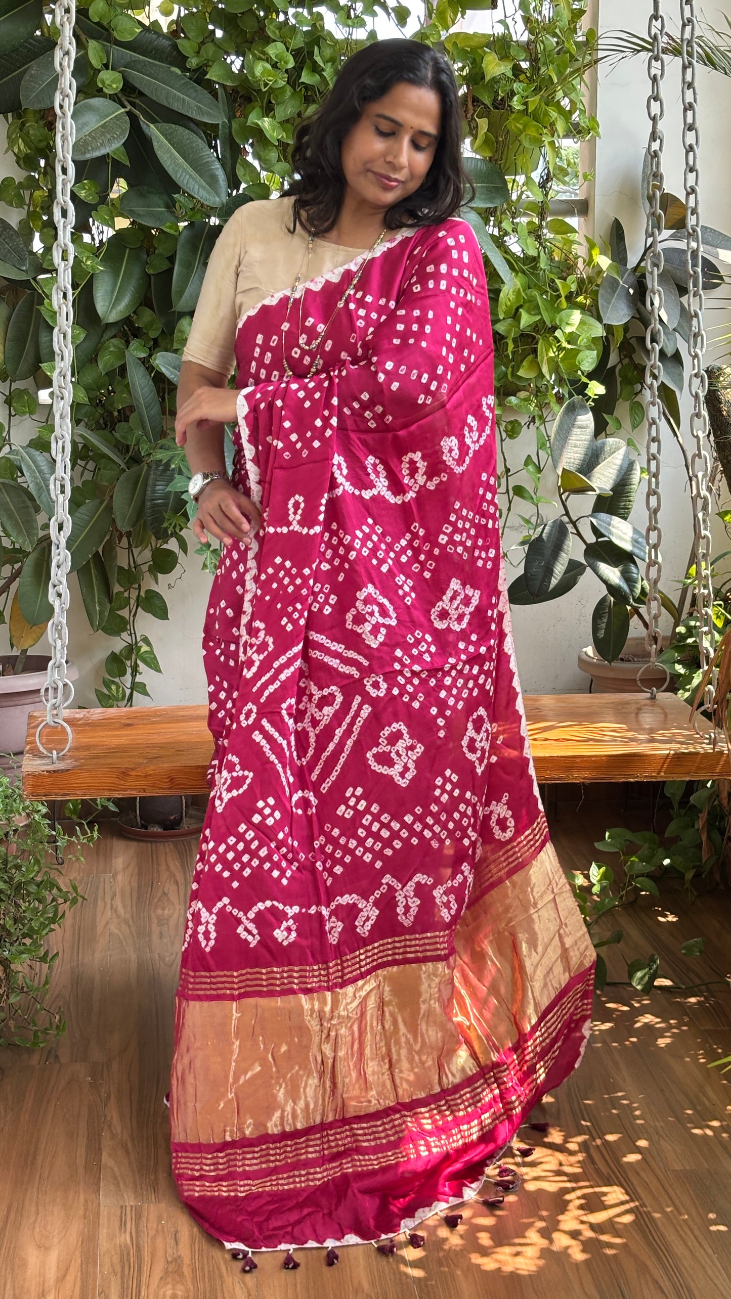 Aabha - Magenta Colour Hand Bandhej Modal Saree