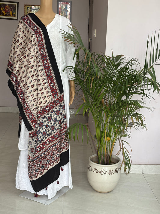 Pale Ivory Colour Natural Dyed Ajrakh Hand Block Printed Floral Modal Stole