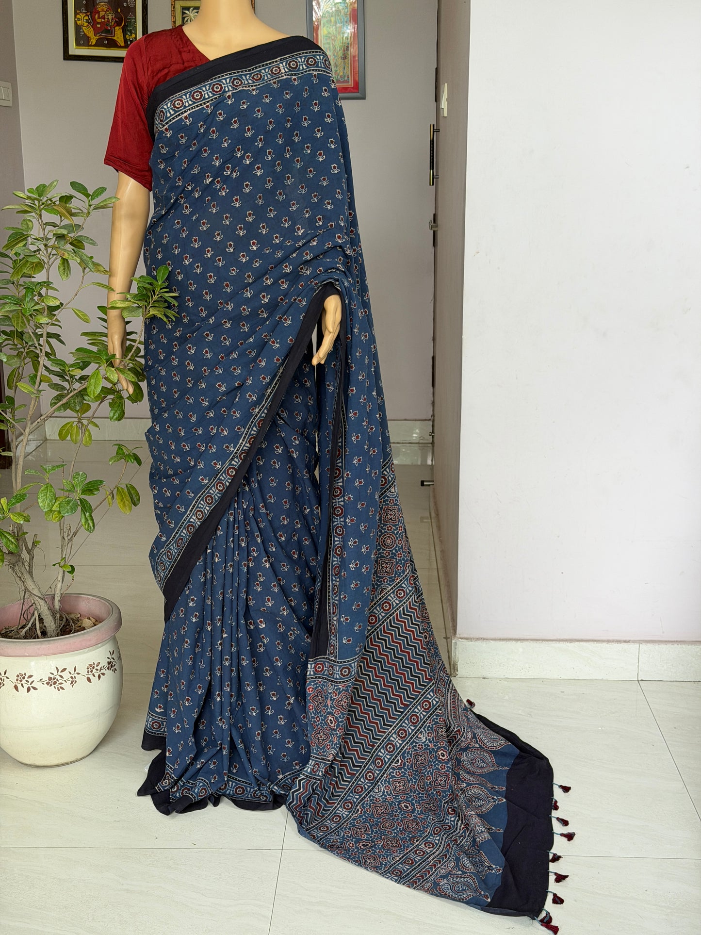 Cotton Ajrakh Hand Block Printed Contemporary Saree