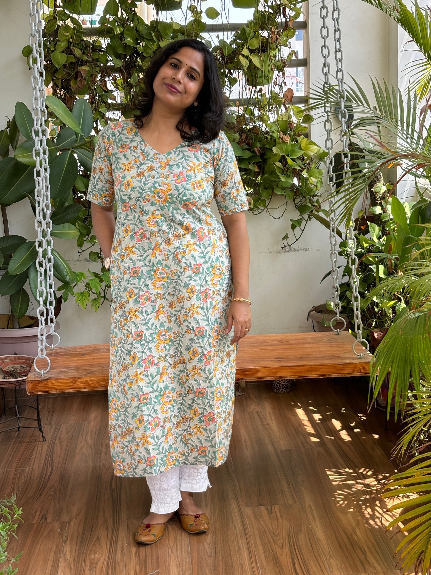 Sangeneri Block Printed Straight Long Kurti With Pocket