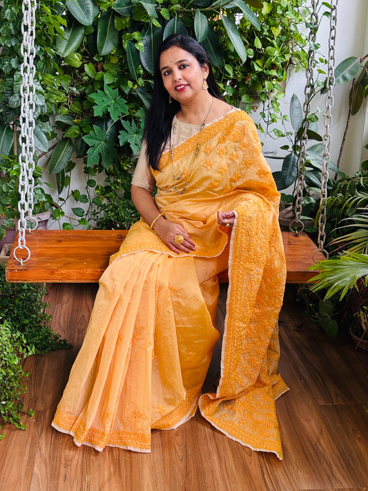 Yellow Light Chrushed Candri Cotton Chikankari Hand Embroidered Saree