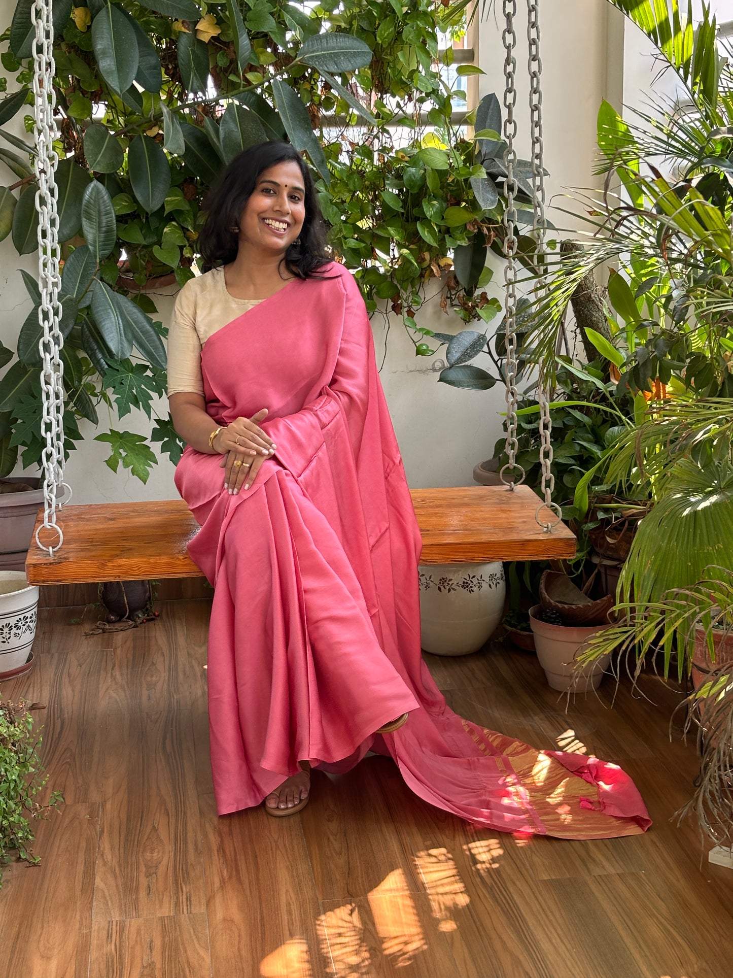 Pink Colour Modal Plain Saree With Lagdi Palla