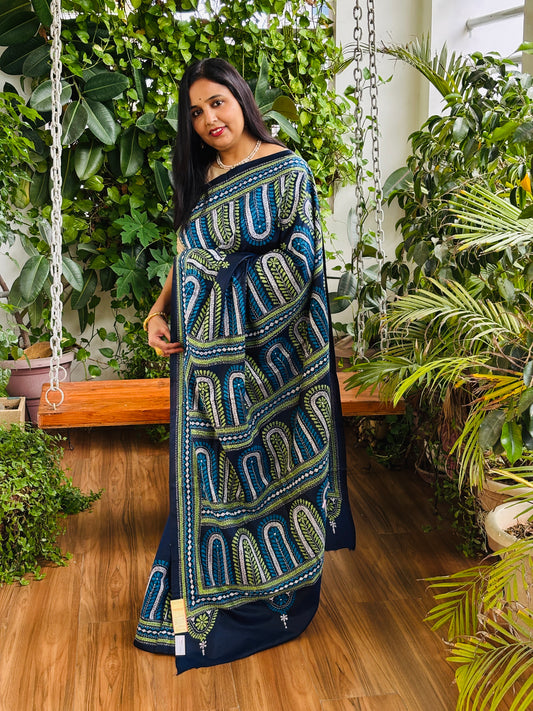 Kantha Hand Embroidered Pure Bangalore Silk Saree in Contemporary Style