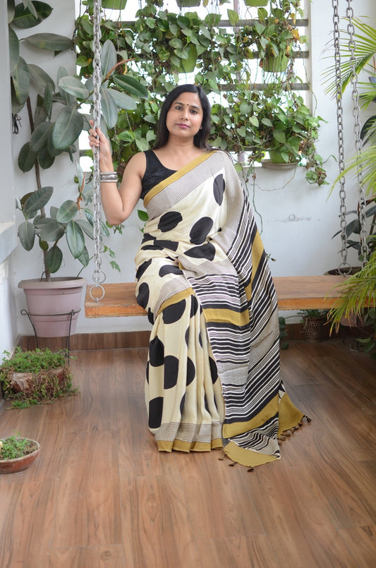 Bulbule (Natural Dyed Pale Yellow Contemporary Ajrakh Modal Saree)