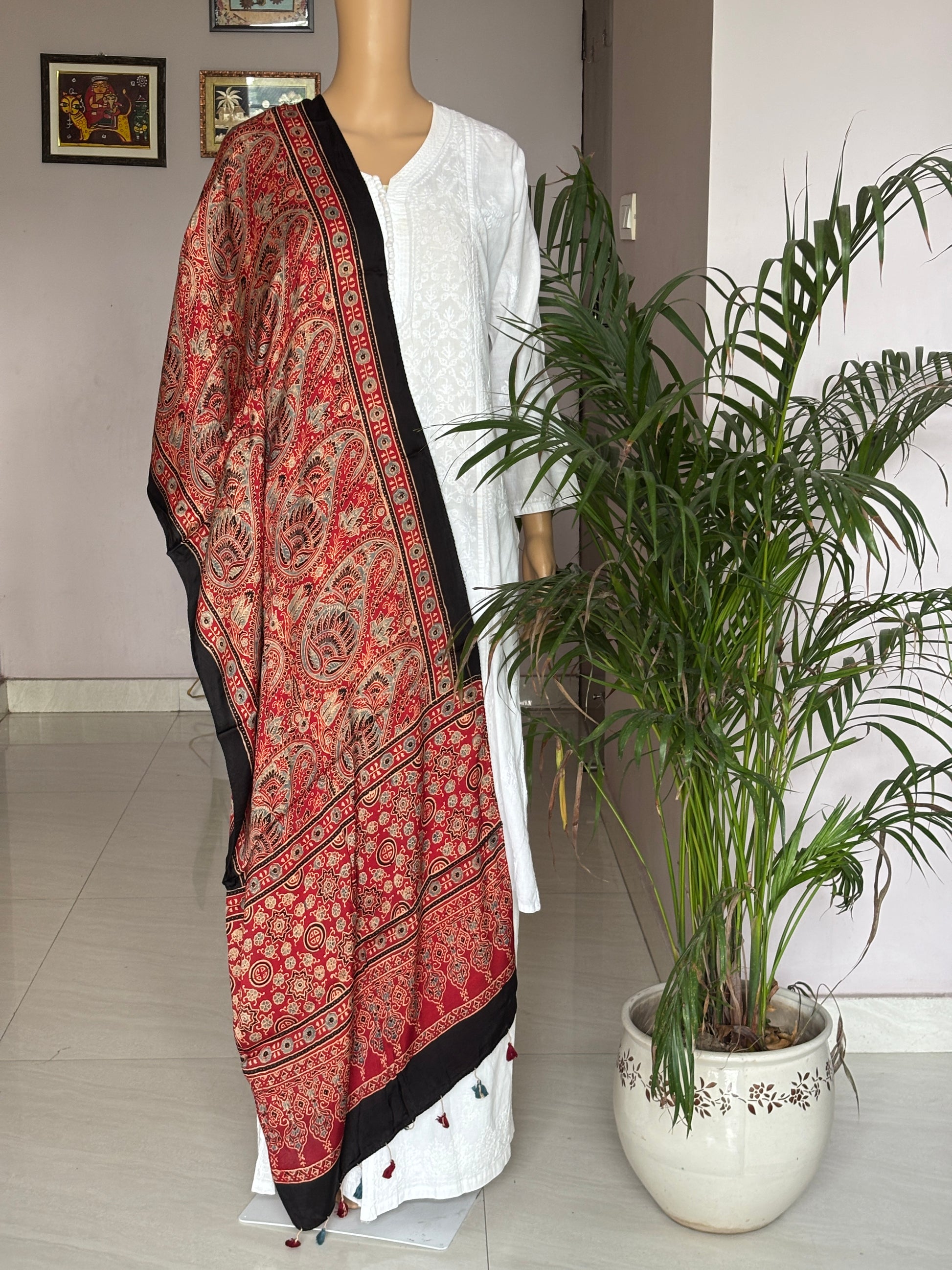 Ajrakh modal stole, red stole, front view.