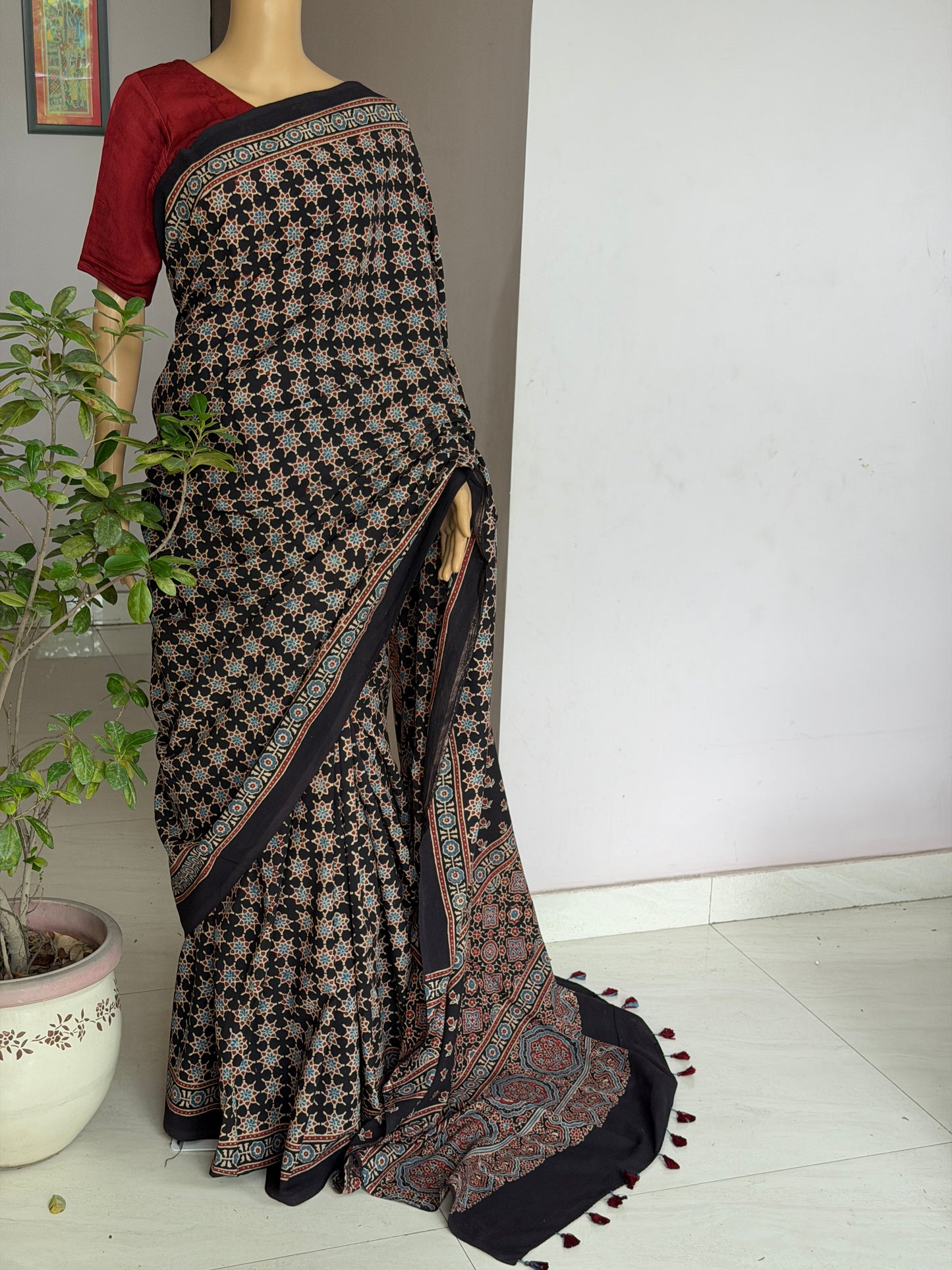 Cotton Ajrakh Hand Block Printed Contemporary Saree