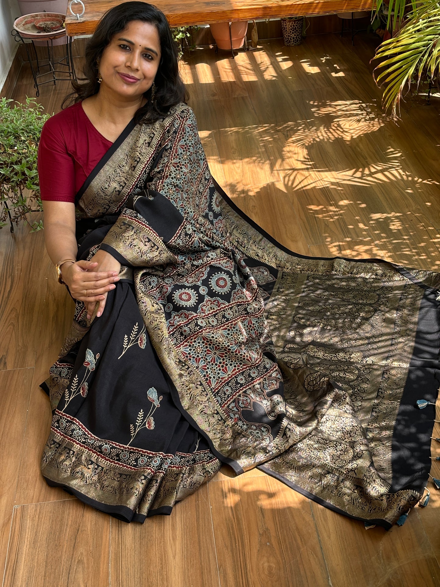 Pushpa- Floral Stalk Motif Black Ajrakh Saree In Dola