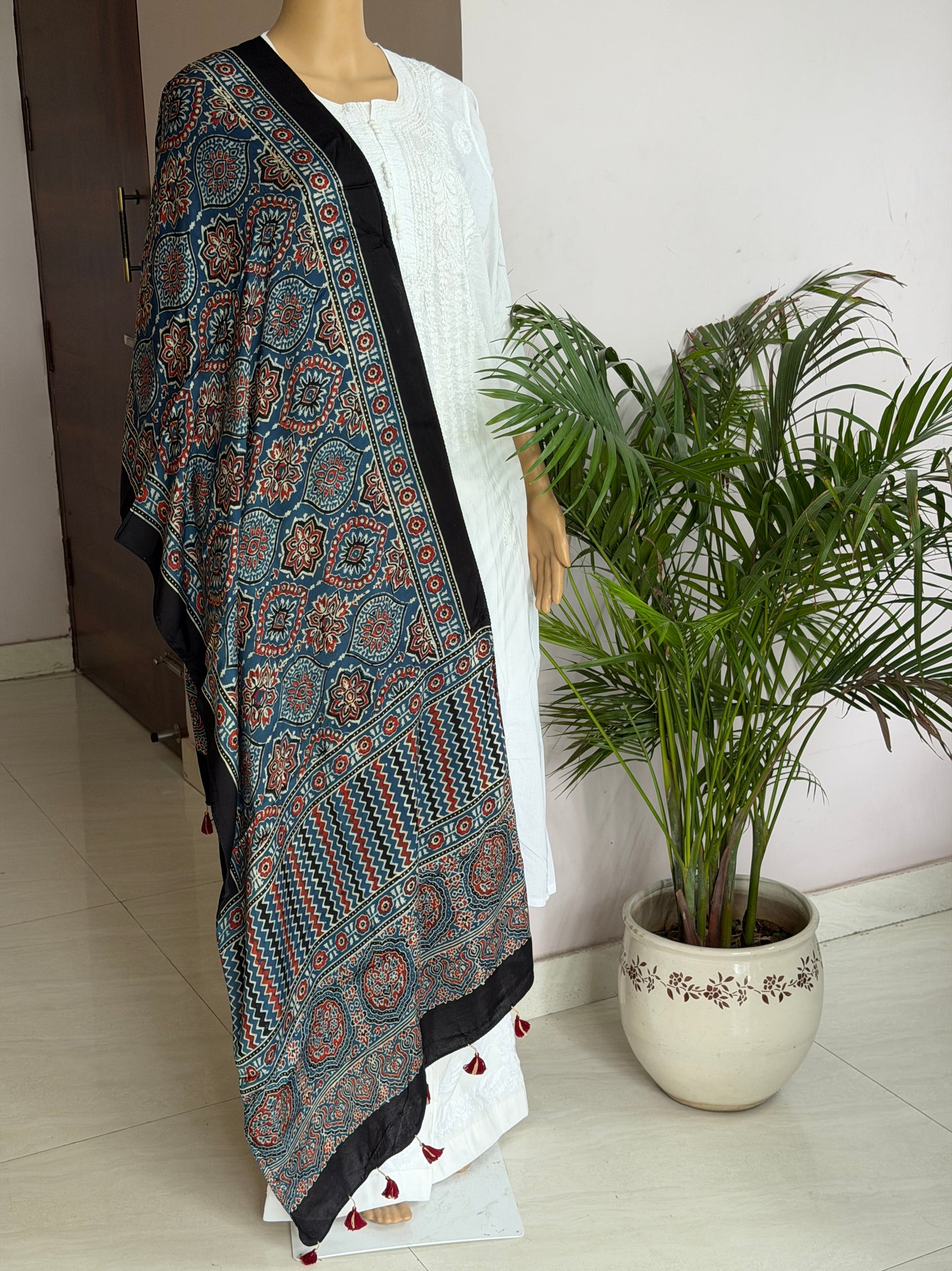 Indigo Natural Dyed Ajrakh Hand Block Printed Modal Stole