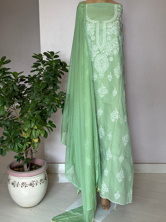 Pista Green Chikankari Hand Embroidered Shirt and Bottom with Chiffon Dupatta