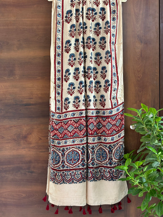 Ajrakh Stole- Pale Ivory Colour With Marigold Motif