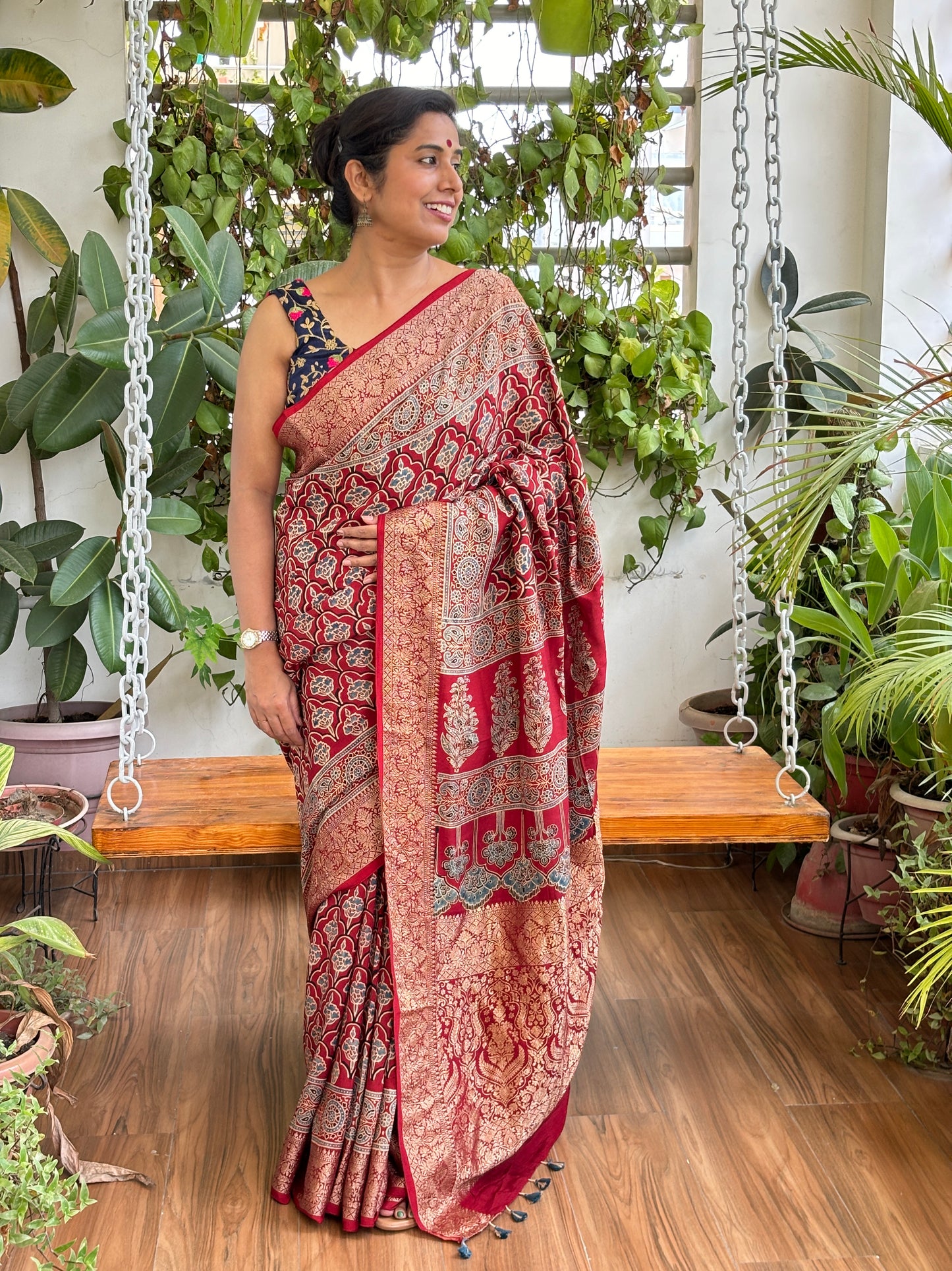 Mokshi- Natural Dyed Geometrical Motif Ajrakh Dola Silk Saree