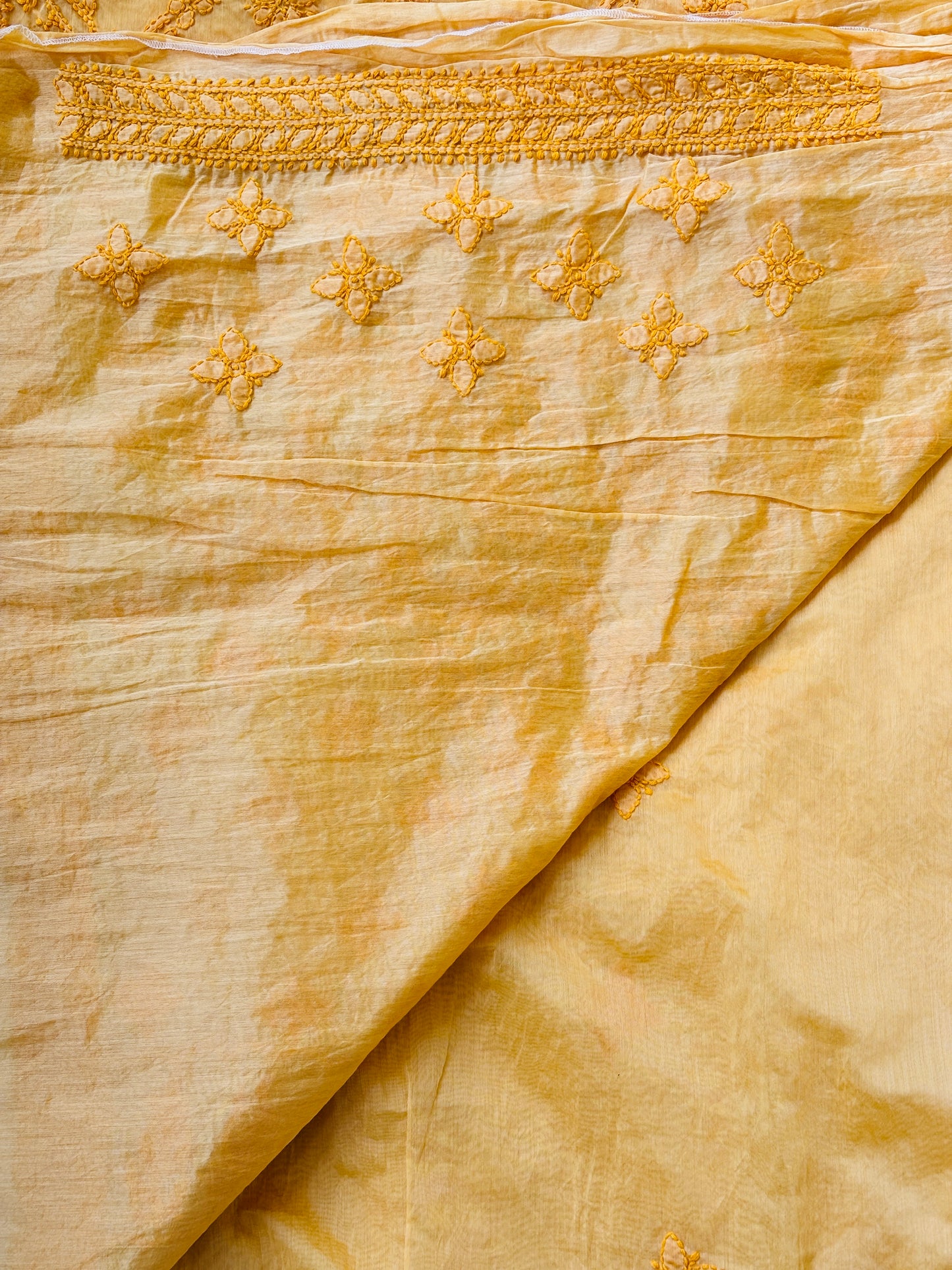 Yellow Light Chrushed Candri Cotton Chikankari Hand Embroidered Saree