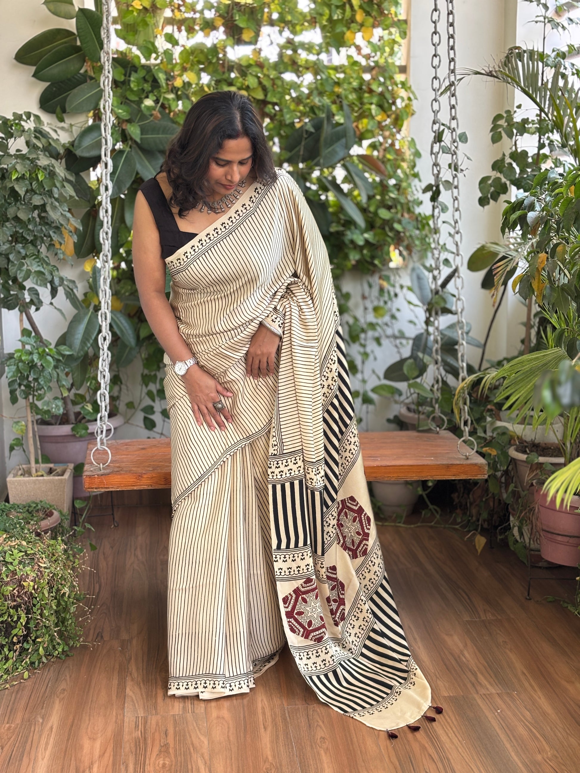 Ajrakh Modal Stripe Offwhite Saree, Ajrakh Modal Contemporary Saree, Down View 