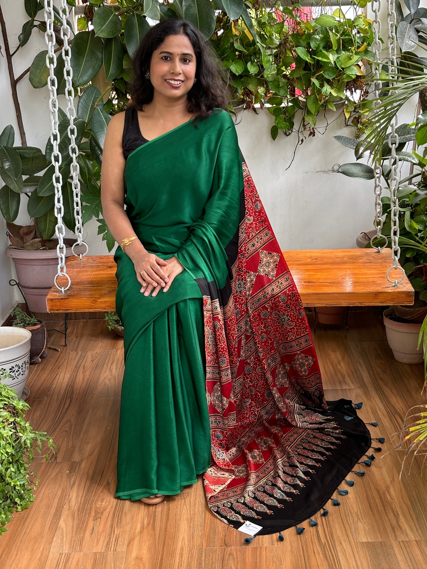 Foliage Affairs - Green Solid Colur Body With Natural Dyed Red Ajrakh Anchal