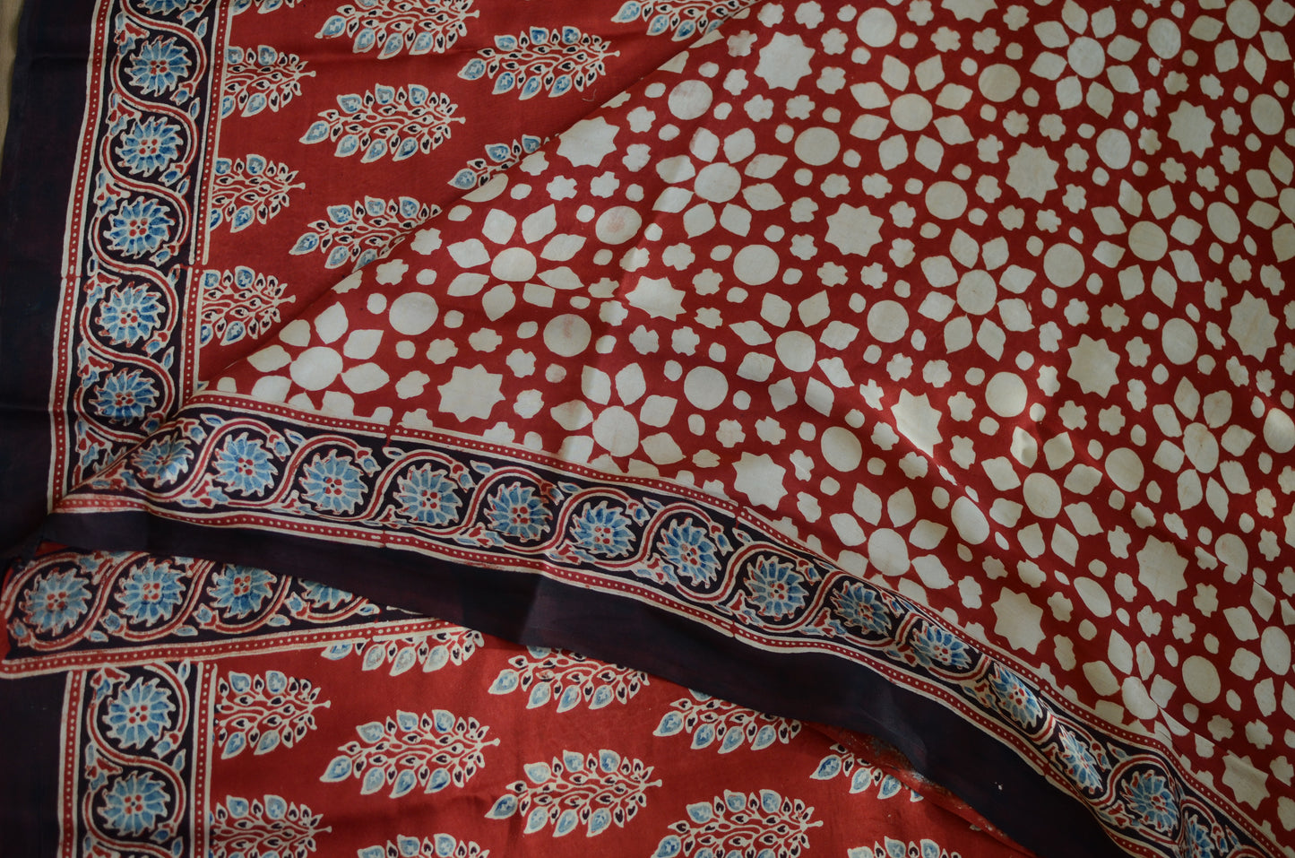 Patjhar - Ajrakh Natural Dyed Madder Red Colour Leaf Motif Premium Ajrakh Saree