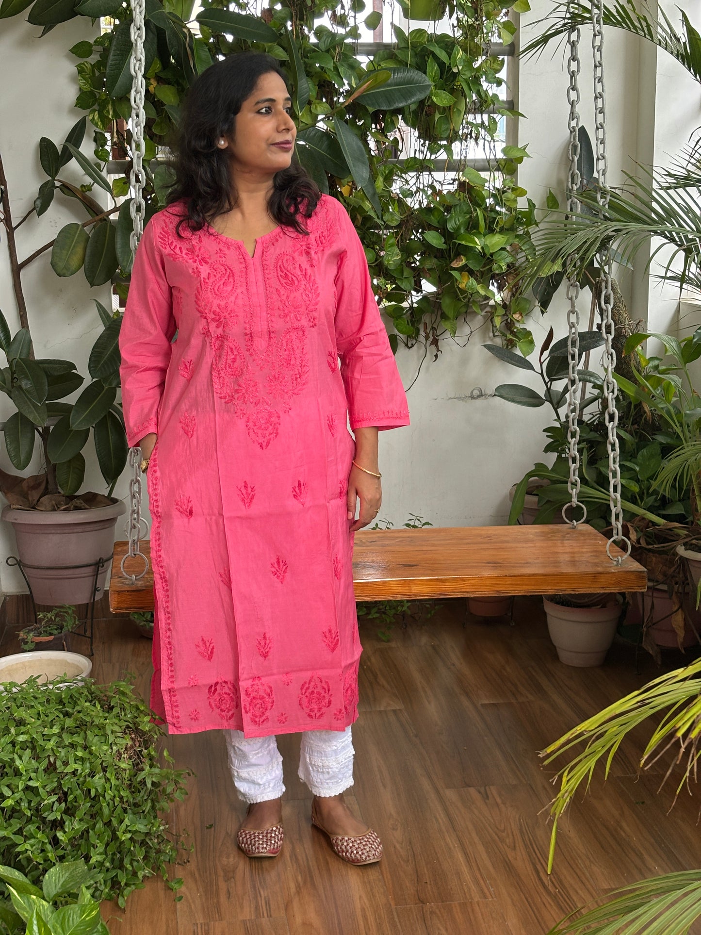 Bubblegum Pink Chanderi Chikan Hand Embroidered Kurti