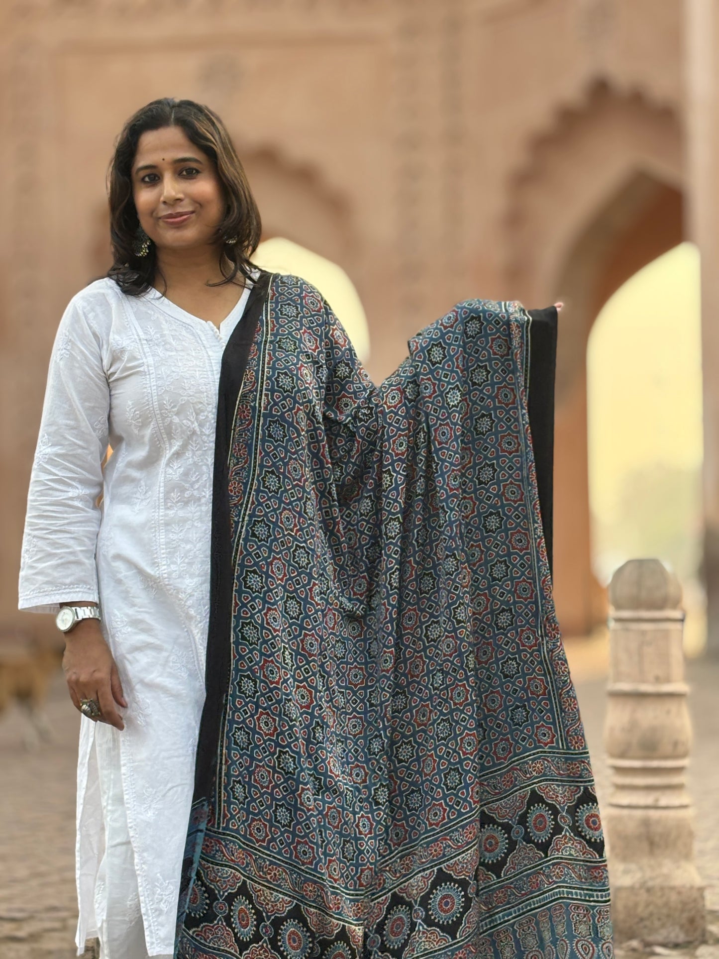 Indigo Colour Small Geomertical Motif Pure Modal Dupatta,ajrakh modal dupatta,front for daman view.