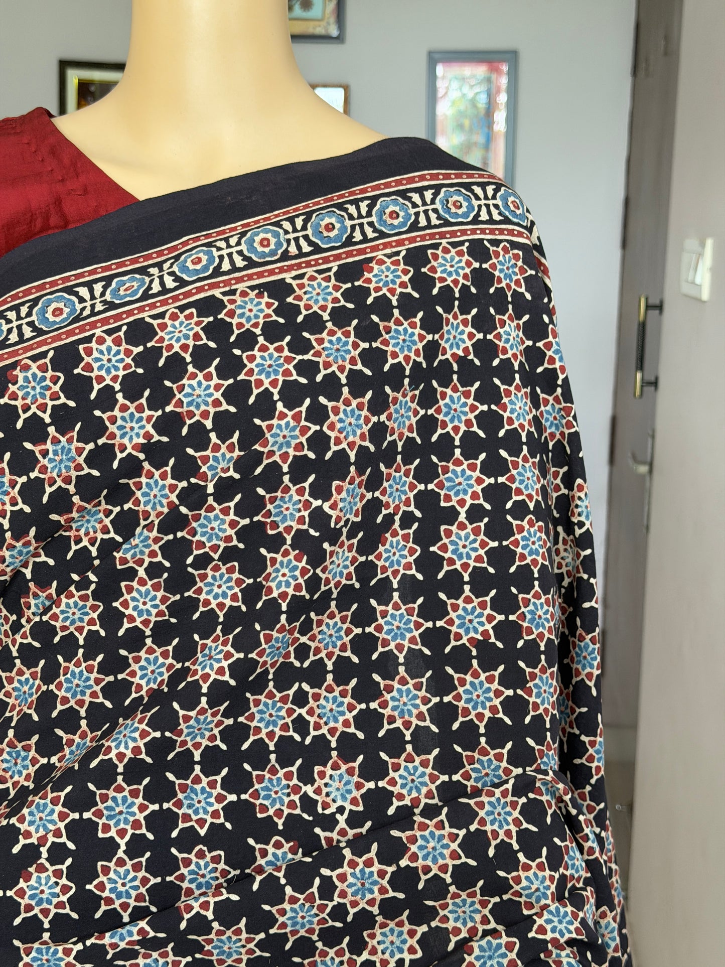 Cotton Ajrakh Hand Block Printed Contemporary Saree