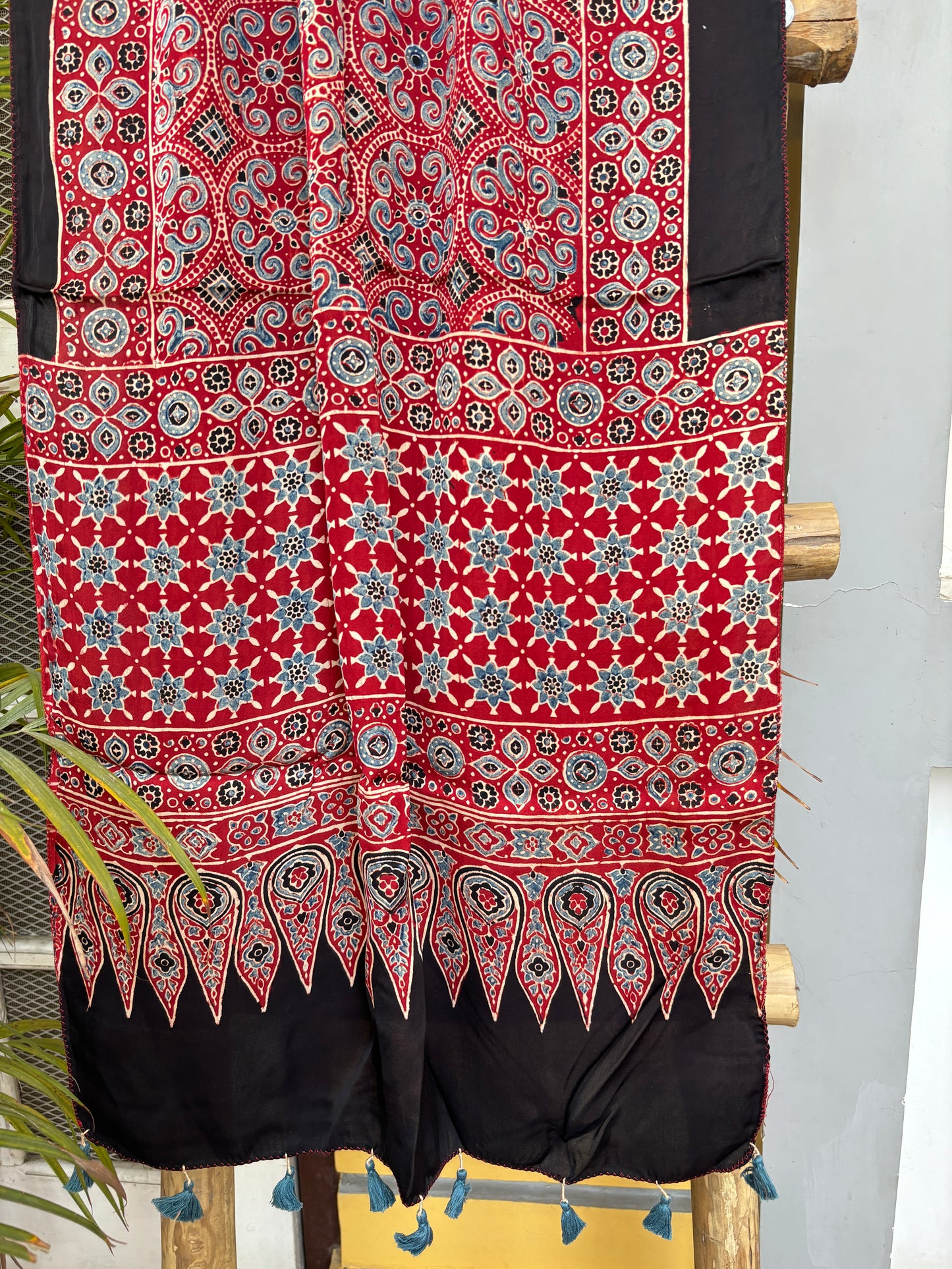 Ajrakh Stole- Natural Dyed Madder Colour Big Ajrakh Motif Stole