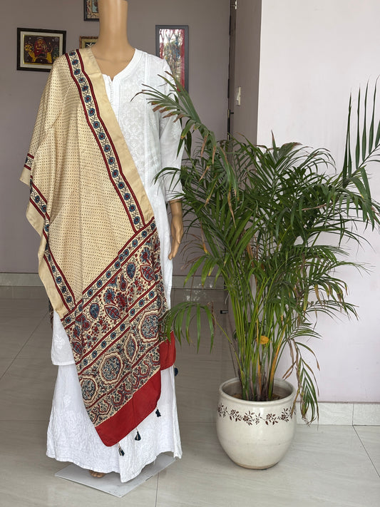 Pale Ivory Colour Natural Dyed Ajrakh Hand Block Printed Polka Dot Motif Modal Stole