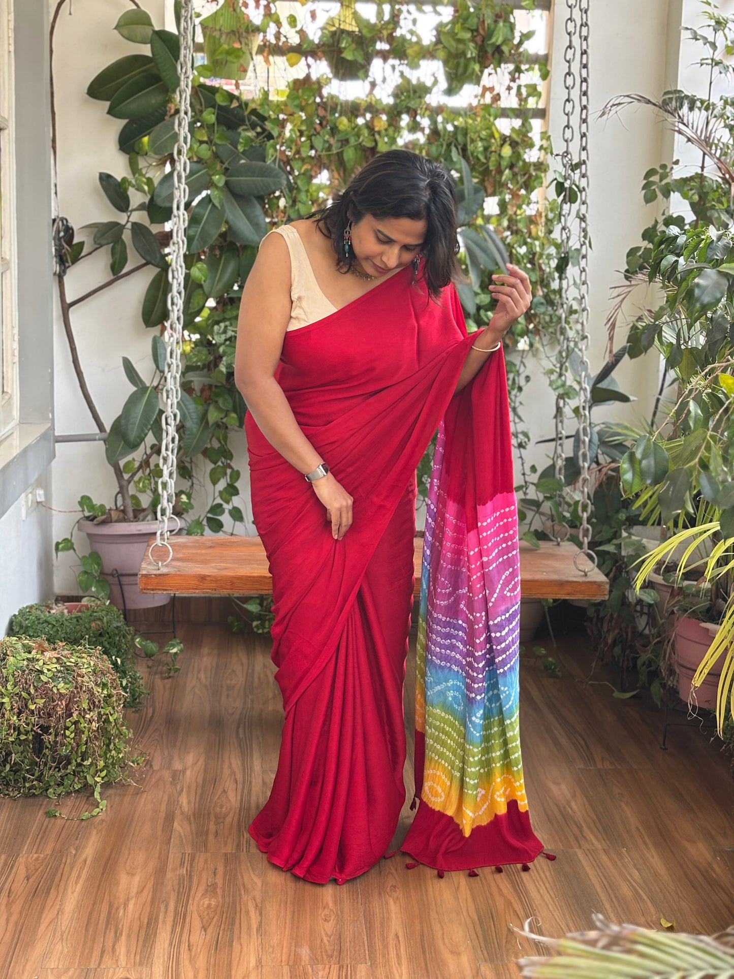 Red Solid Colour  Semi Modal Saree with Multi Colour Bandhej Palla