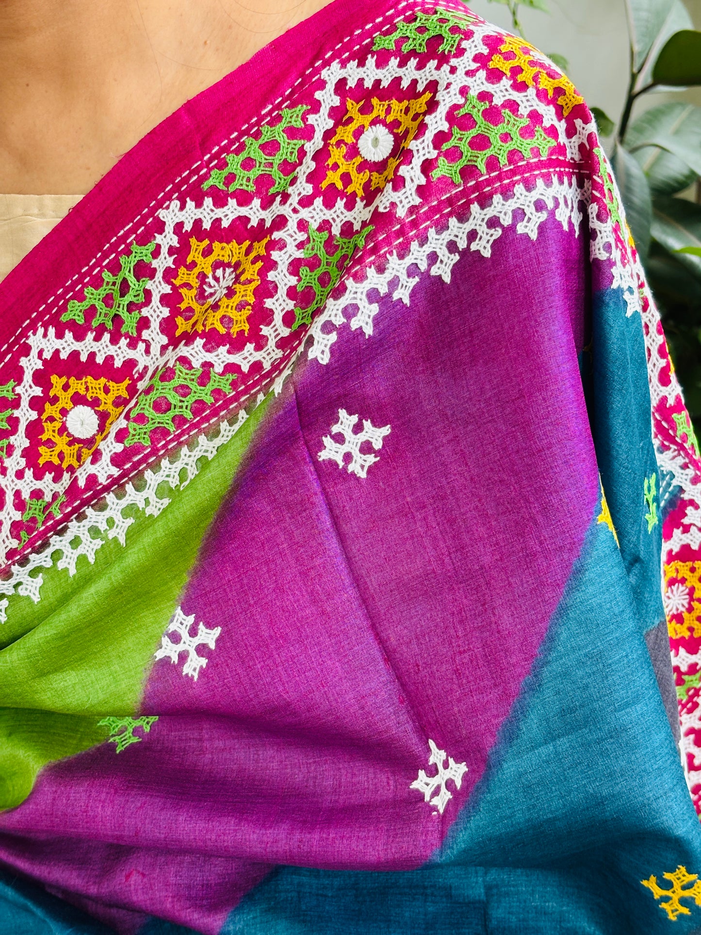 Gujarati Hand Embroidered Pure Tussar Silk Saree in Multi Colour Body and Magenta Palla