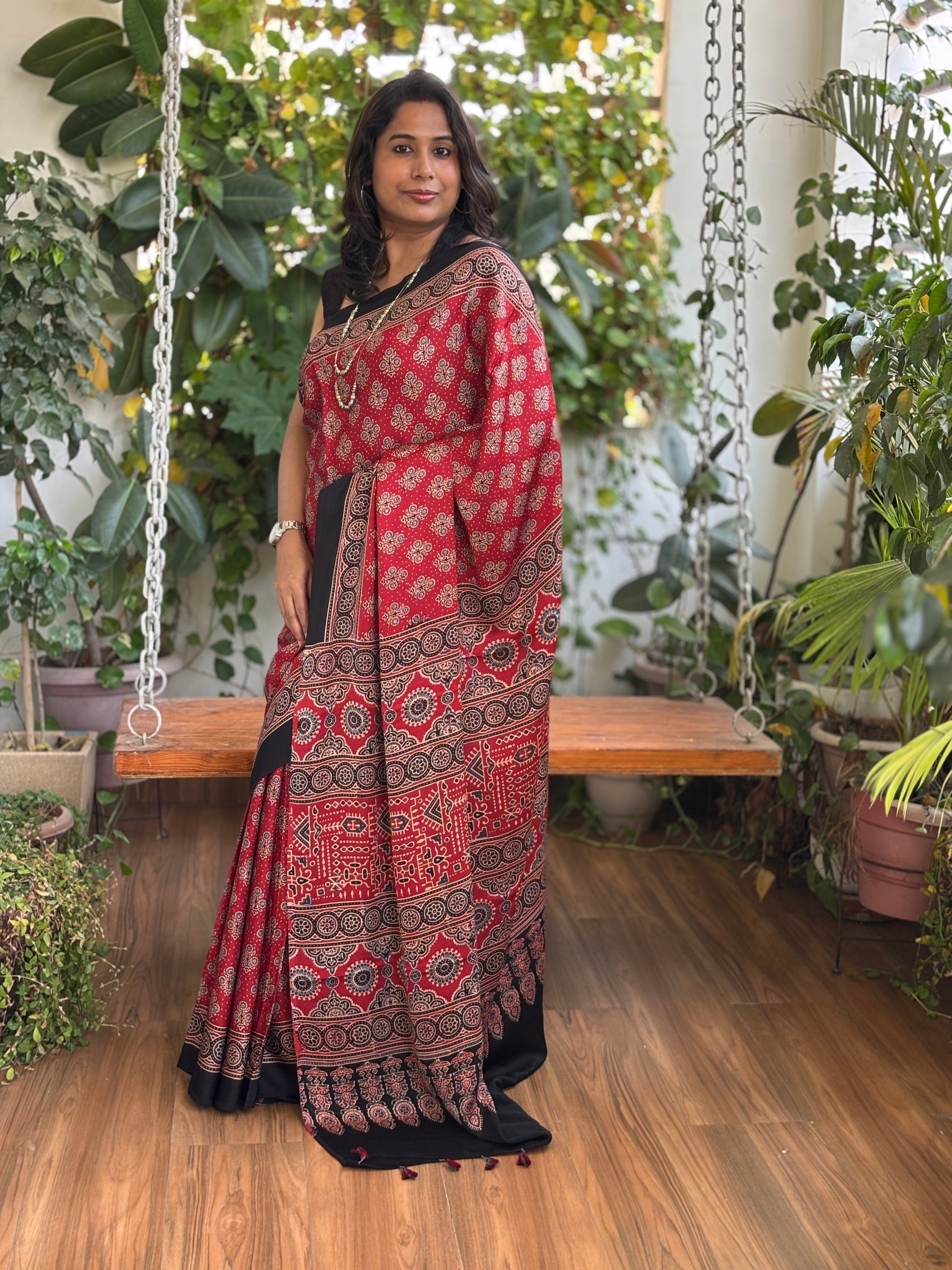Red Ajrakh Modal Saree, Ajrakh modal saree side view second