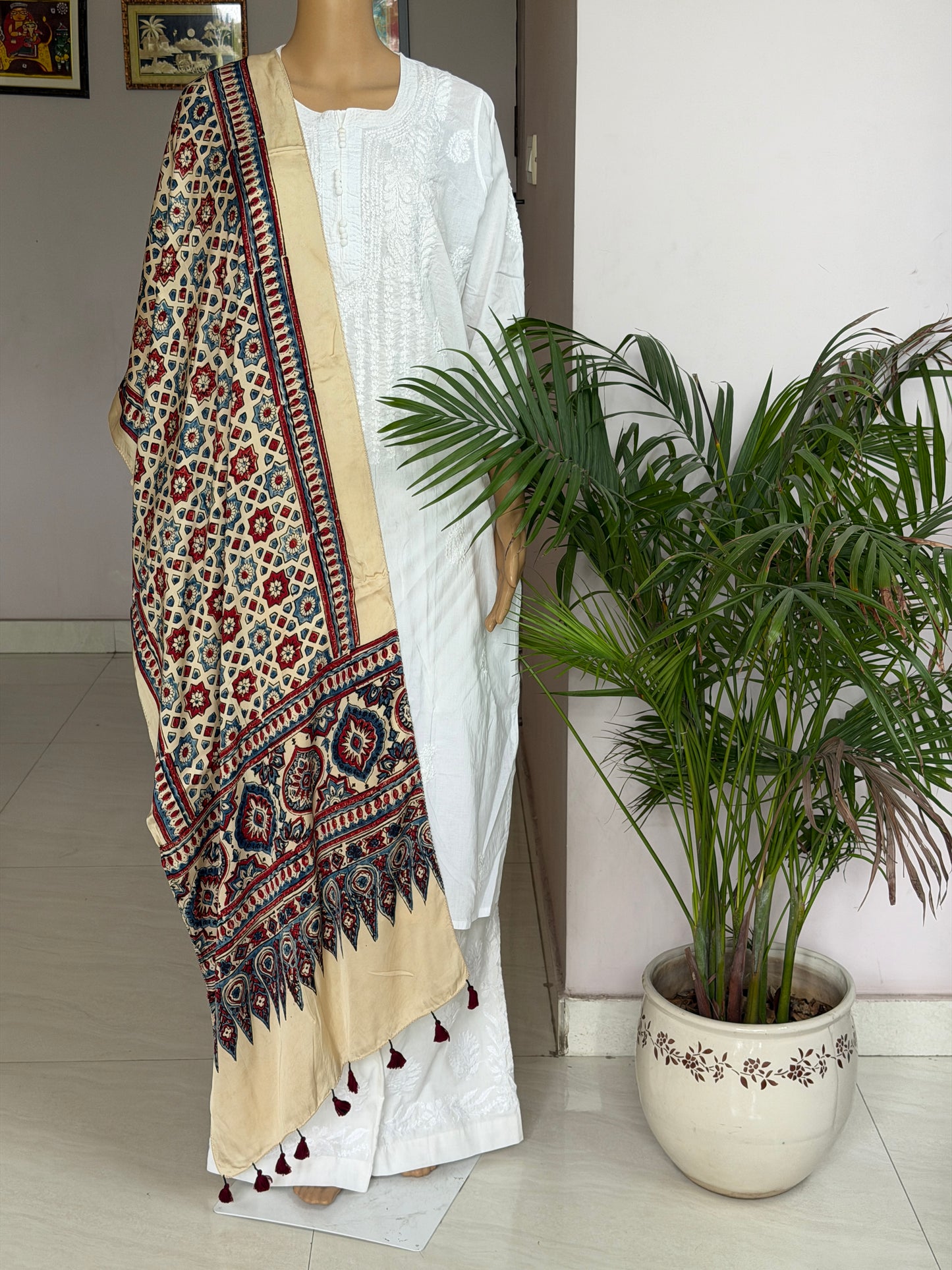 Pale Ivory Natural Dyed Ajrakh Hand Block Printed Modal Stole