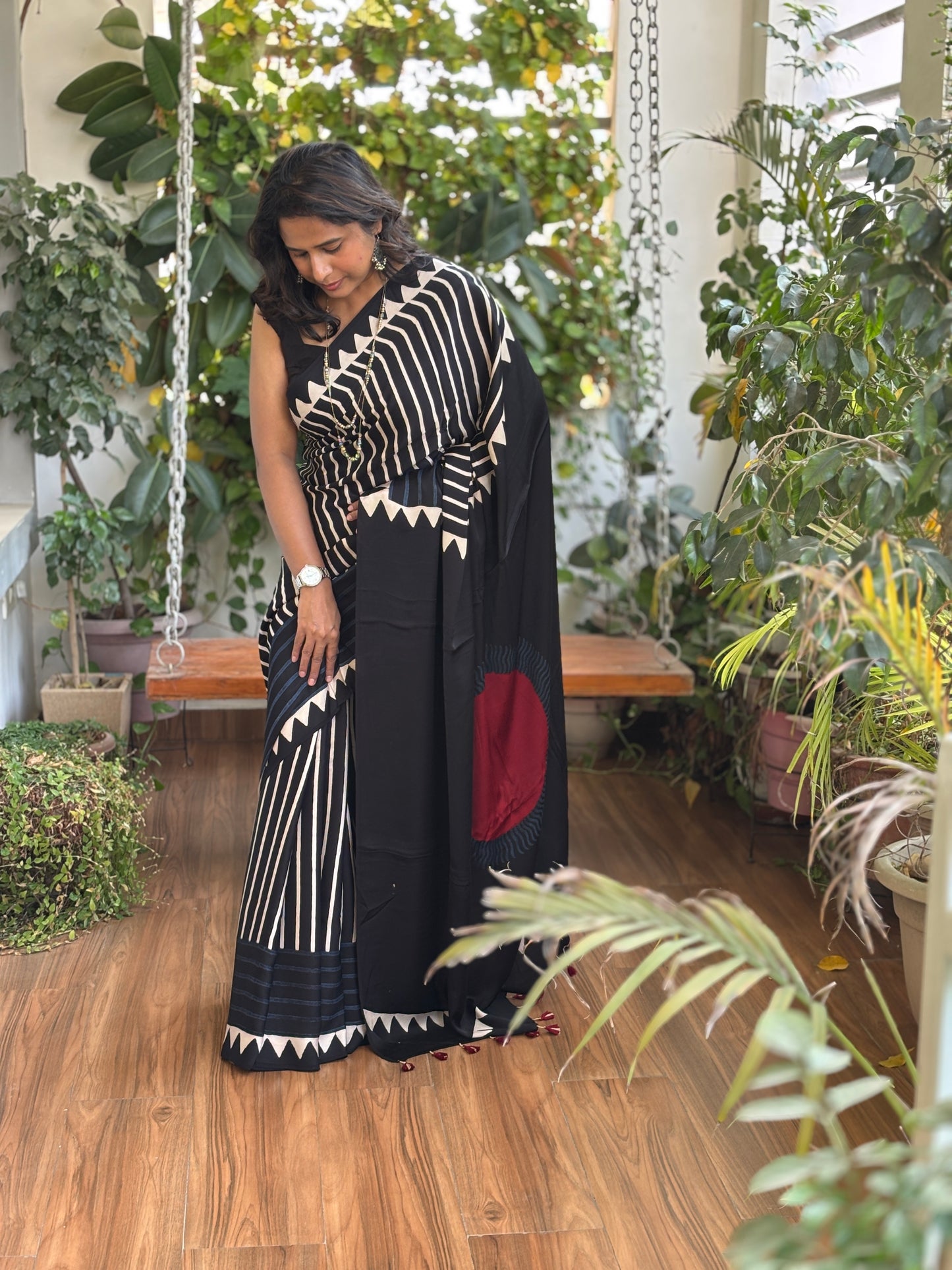 Black Ajrakh Saree, Black Stripe Ajrakh Saree, Side Palla View