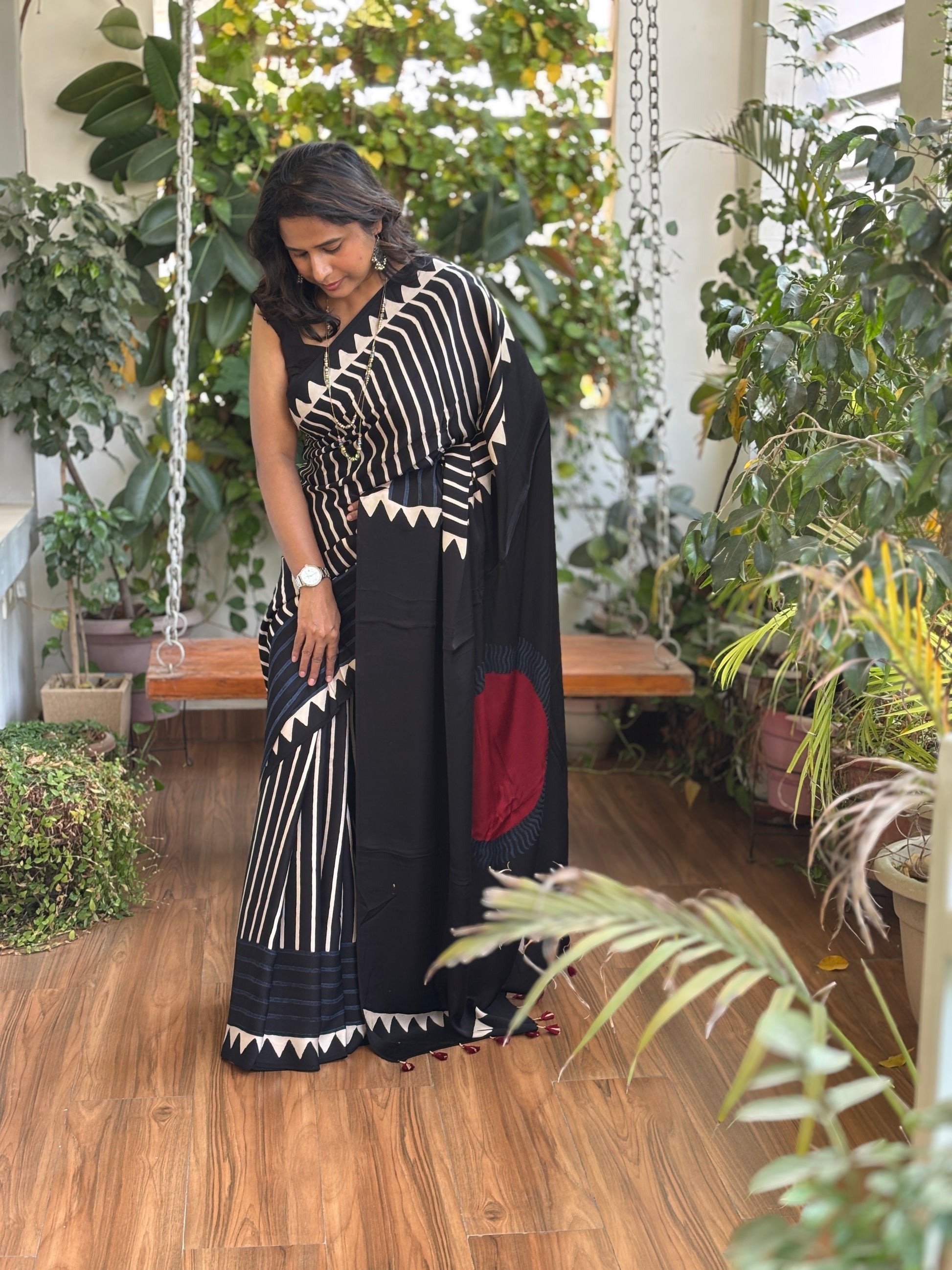 Black Ajrakh Saree, Black Stripe Ajrakh Saree, Side Palla View