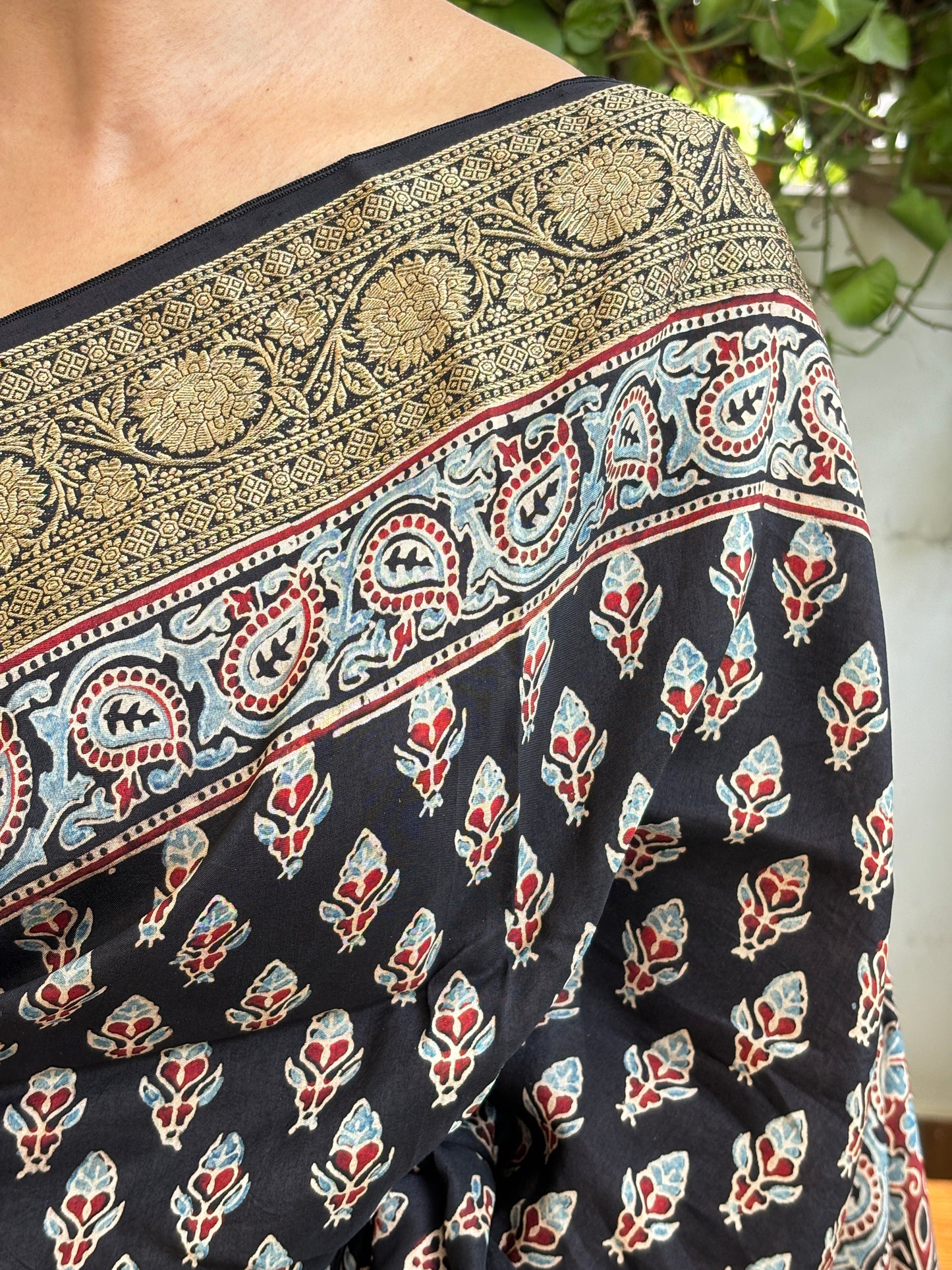 Rat Kali- Natural Dyed Ajrakh Bud Motif Dola Silk Saree