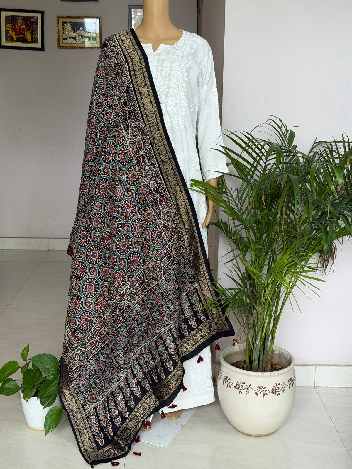 Ajrakh Dola Silk Dupatta With Zari Weaved Border