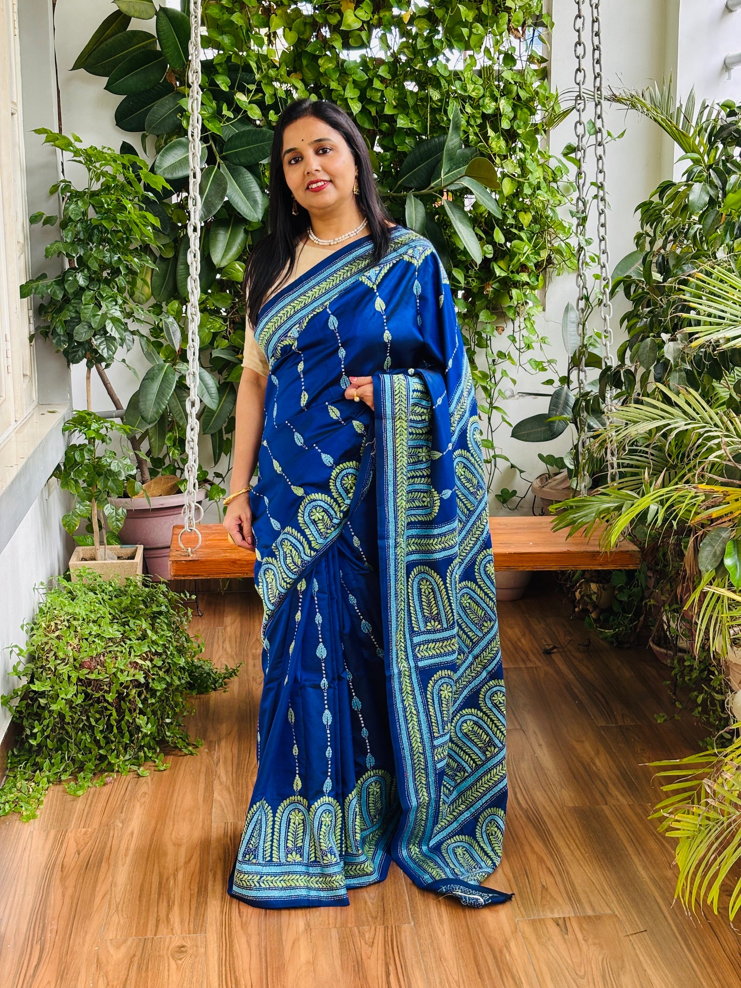 Kantha hand embroidered bangalore silk saree front view