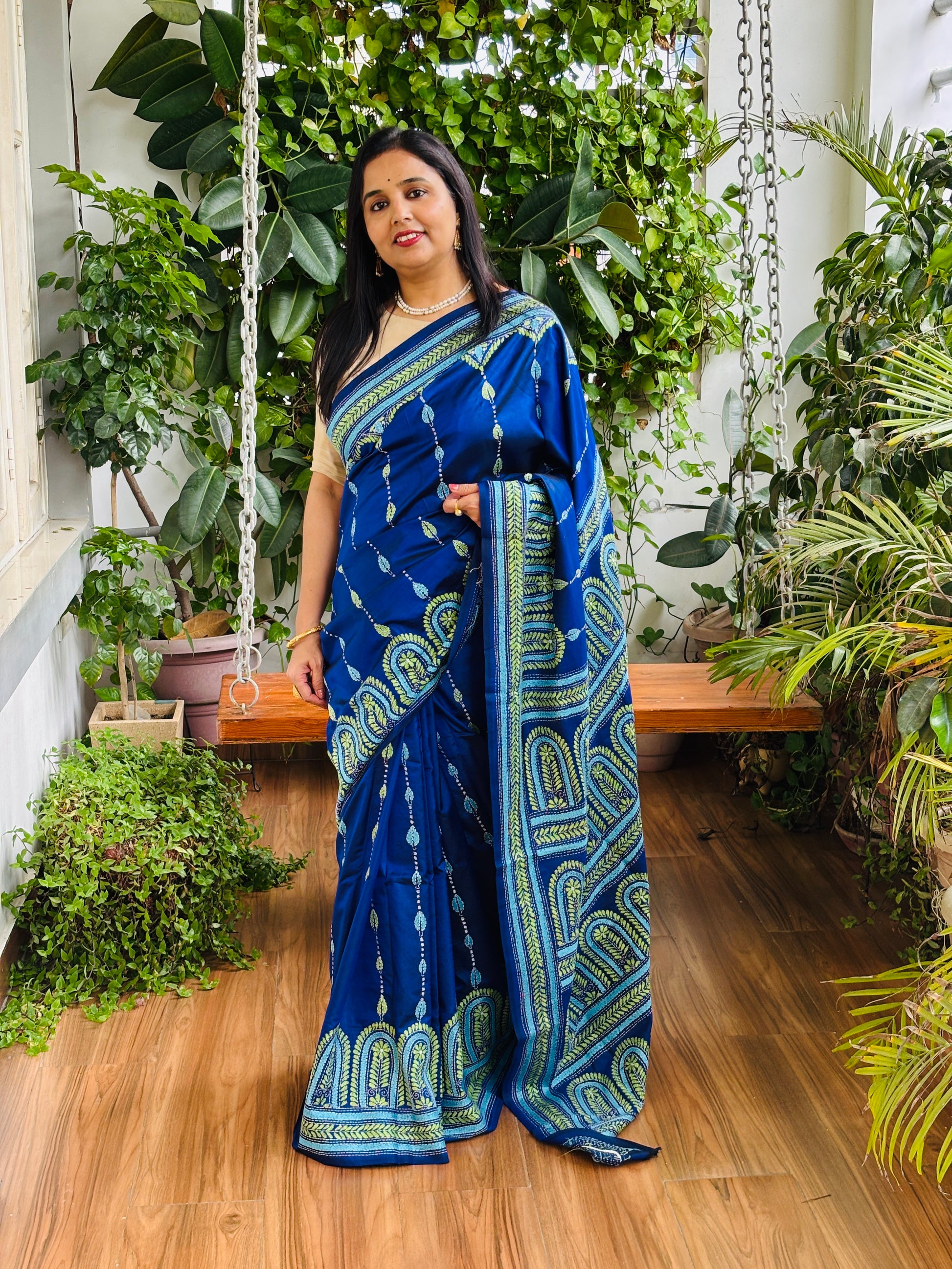 Kantha hand embroidered bangalore silk saree front view