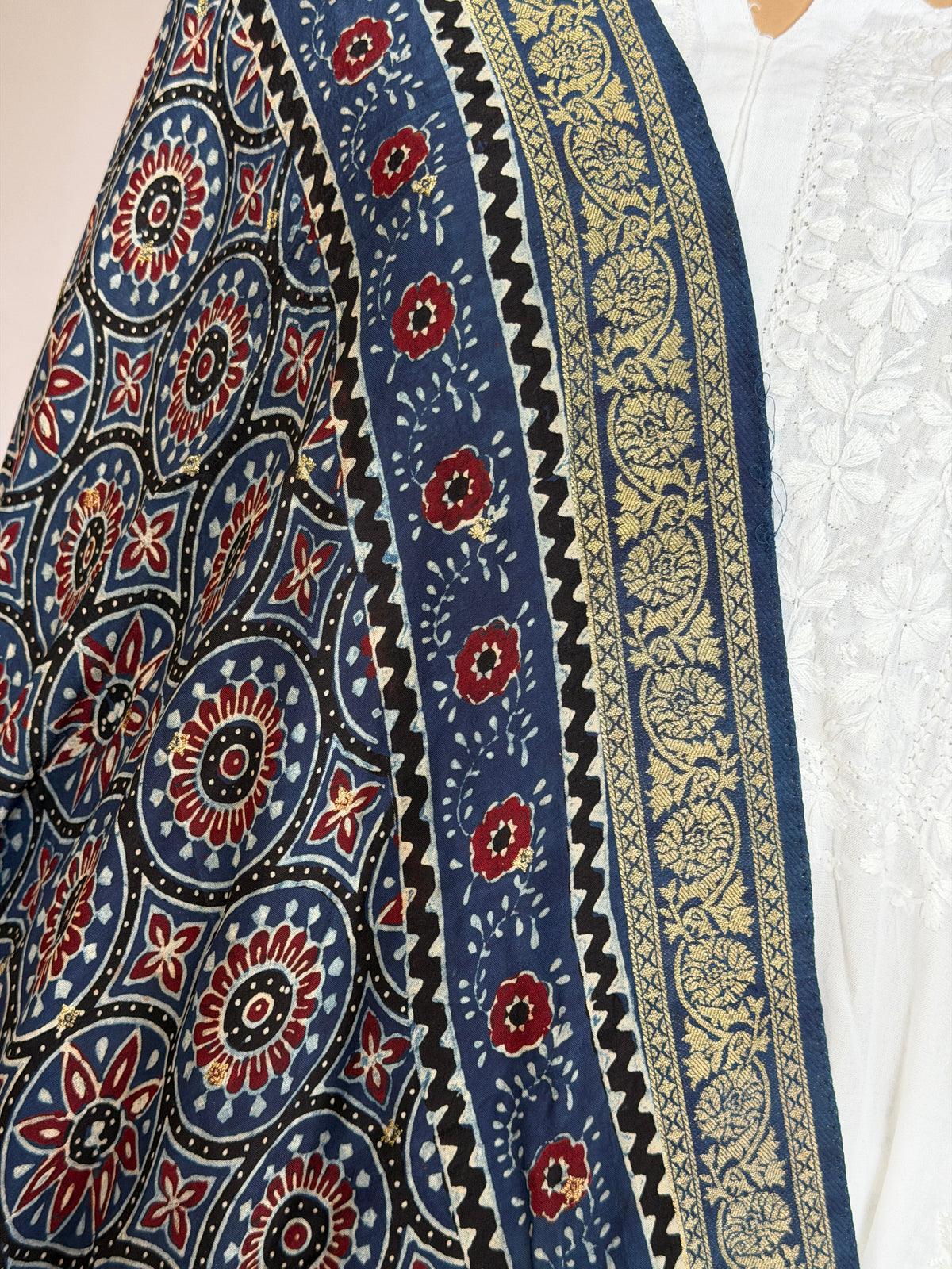 Ajrakh Dola Silk Dupatta With Zari Weaved Border
