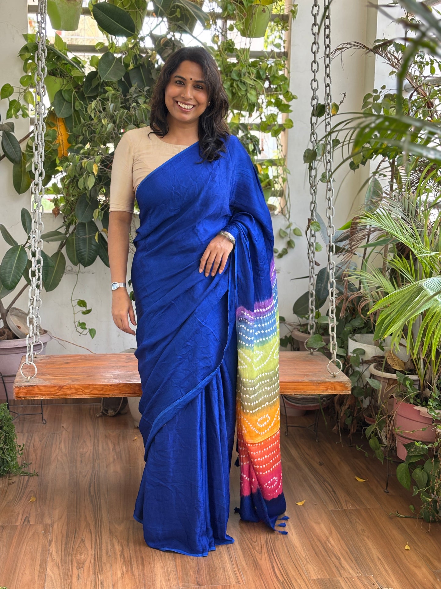 Blue Solid Colour Modal Saree with Multi Colour Bandhej Palla