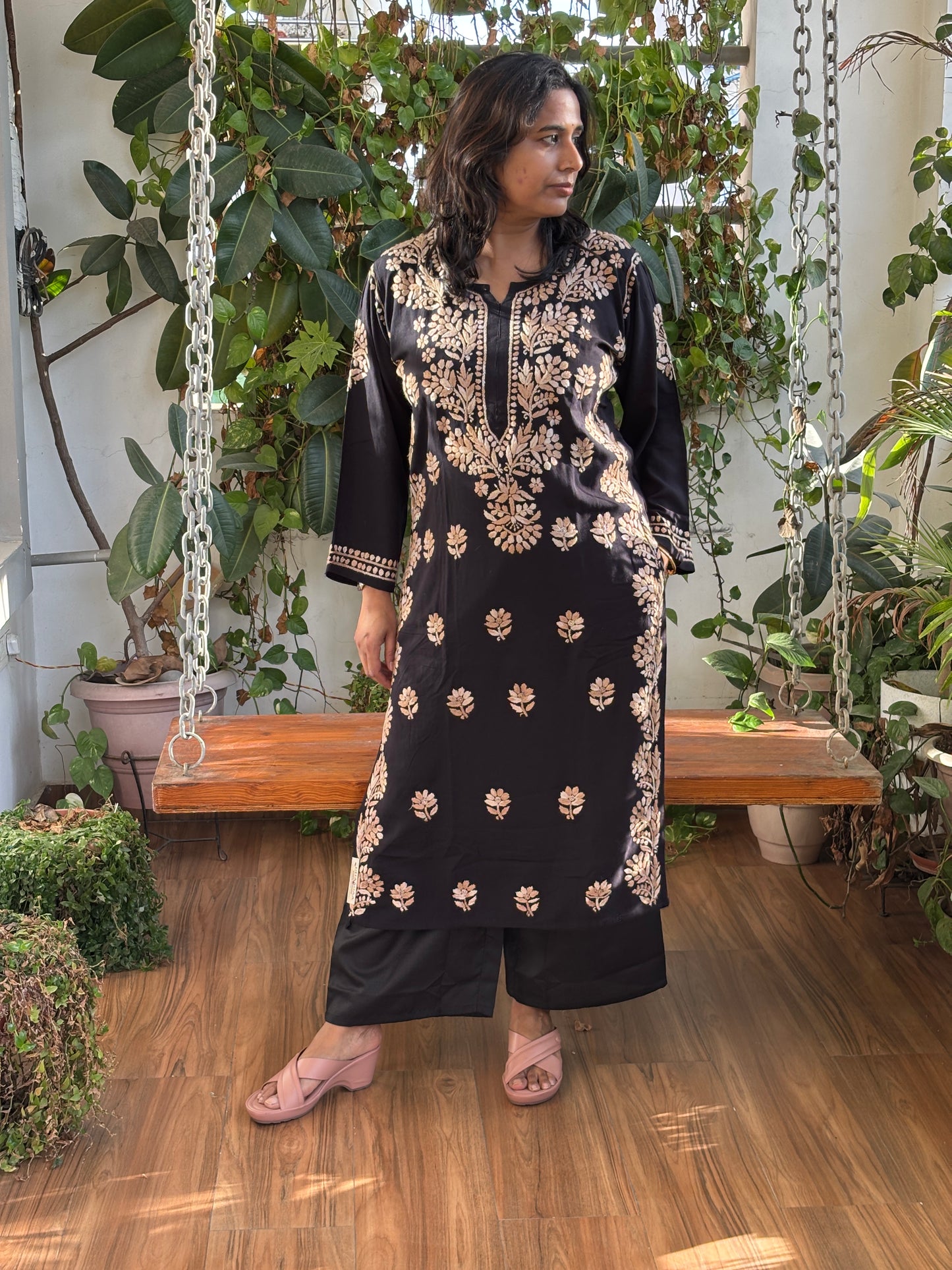 Black Multicolour Chikan Hand Embroidered Rayon Cotton Kurti