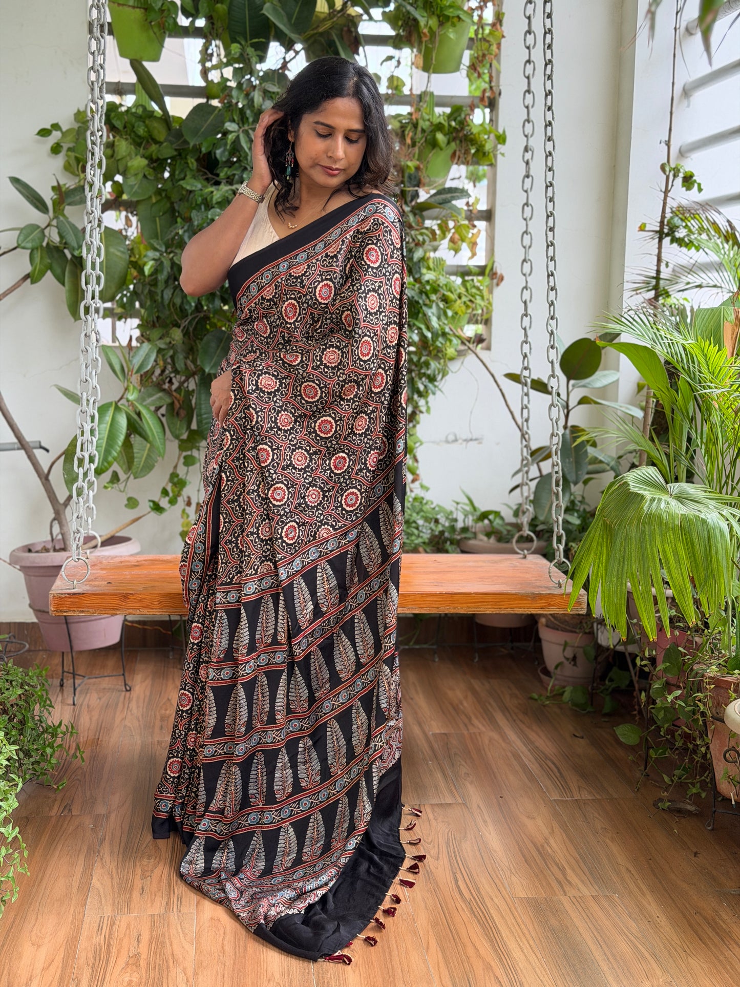 Ajrakh Modal Black Classic Saree