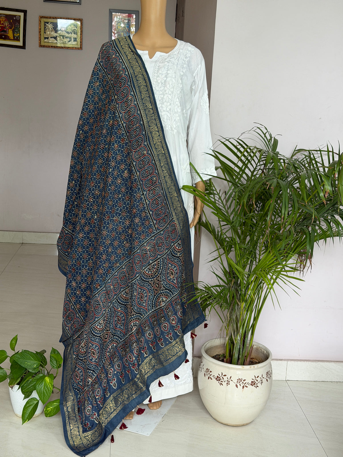 Ajrakh Dola Silk Dupatta With Zari Weaved Border