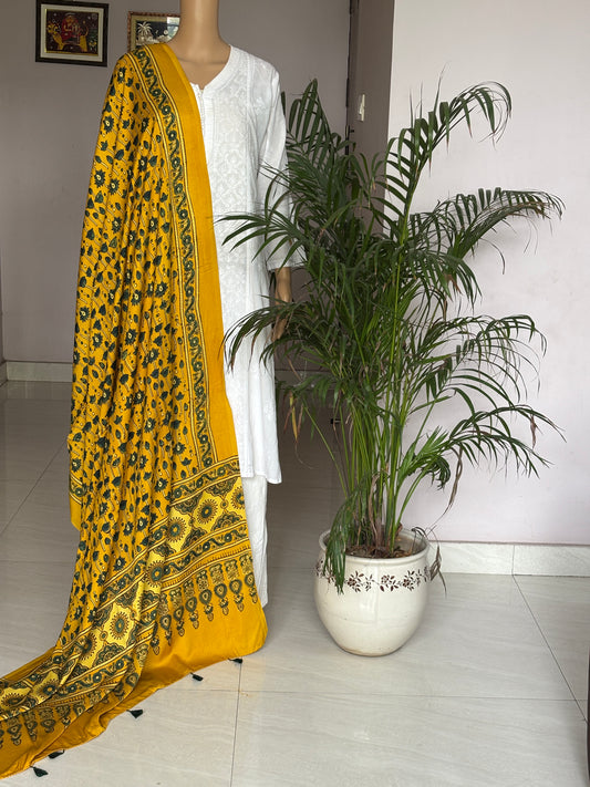 Yellow Colour Dupatta With Floral and Bud Motif,ajrakh modal dupatta,front view.