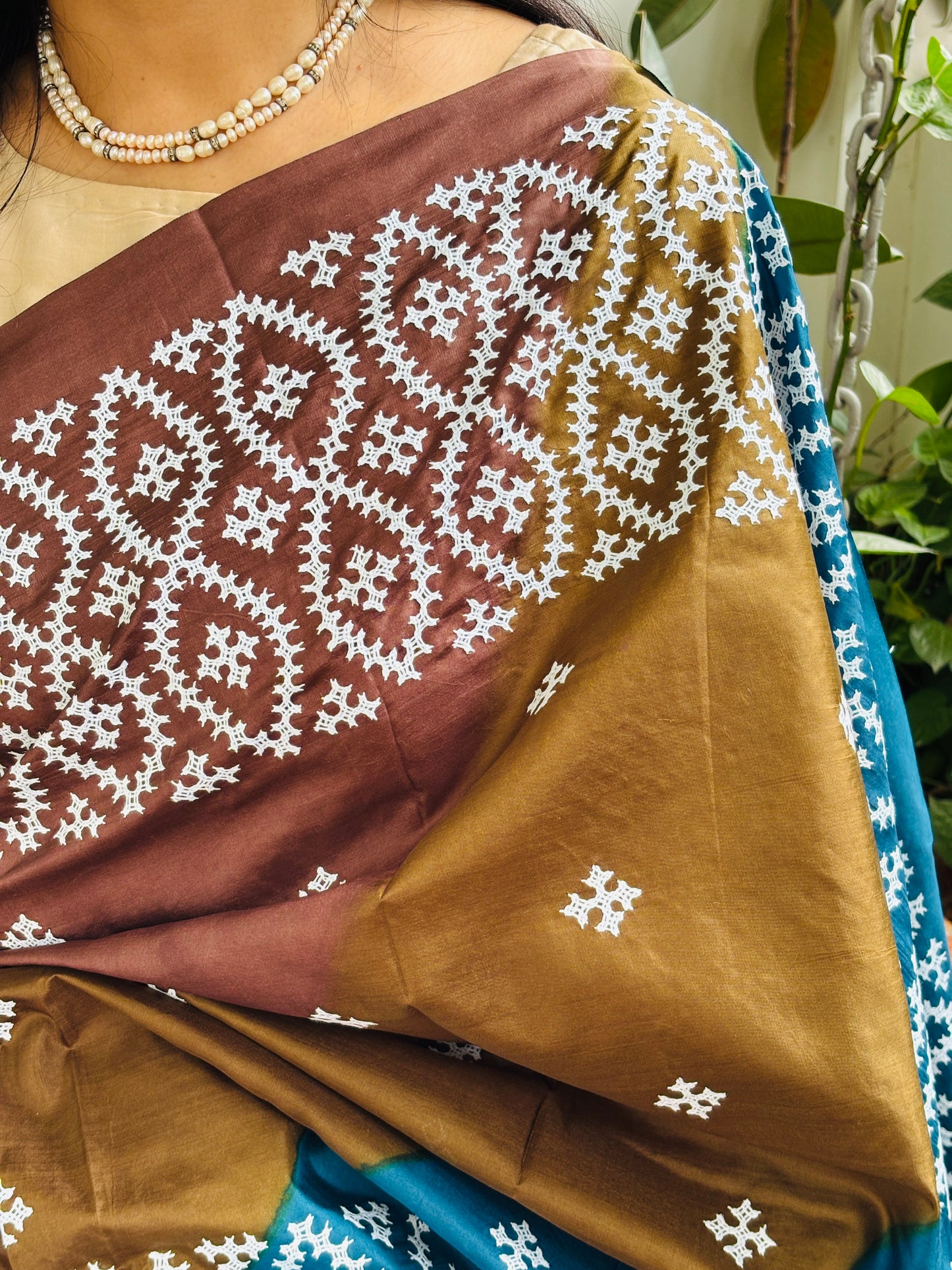 Gujarati Hand Embroidered Pure Bangalore Silk Saree in Multi Colour Tie and Dyed Body and Blue Palla