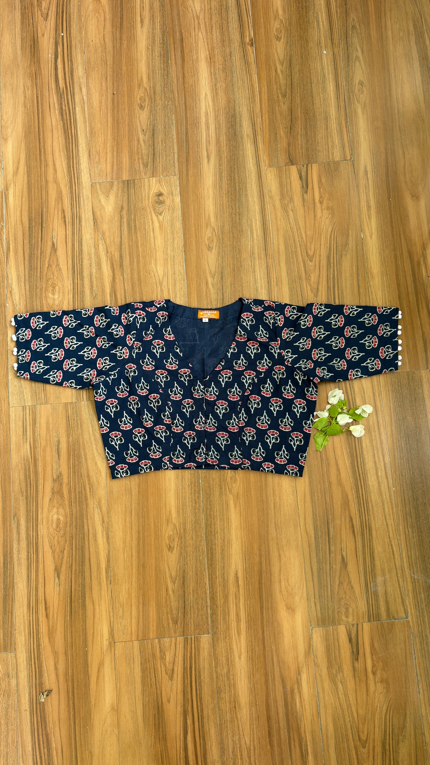 Indigo Small Floral Motif Cotton 'V' Neck Blouse With Cotton Lining. For size chart refer to the last picture
