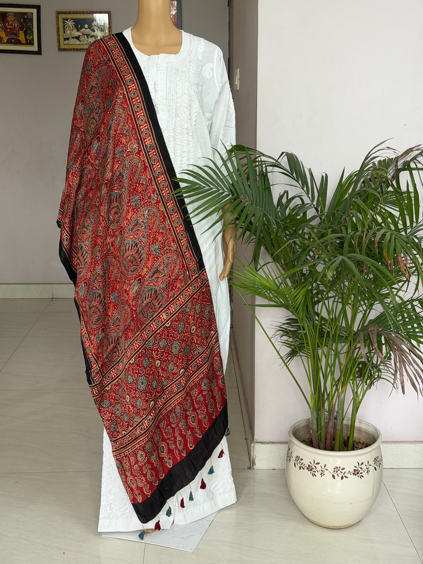 Ajrakh Hand Block Printed Modal Stole In Madder Red Colour