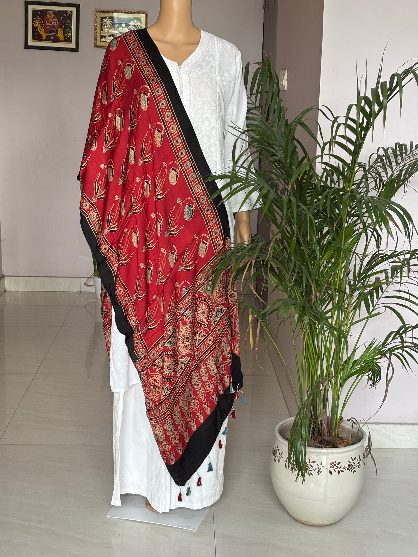 Ajrakh  modal  stole, red big buta  stole, front view.