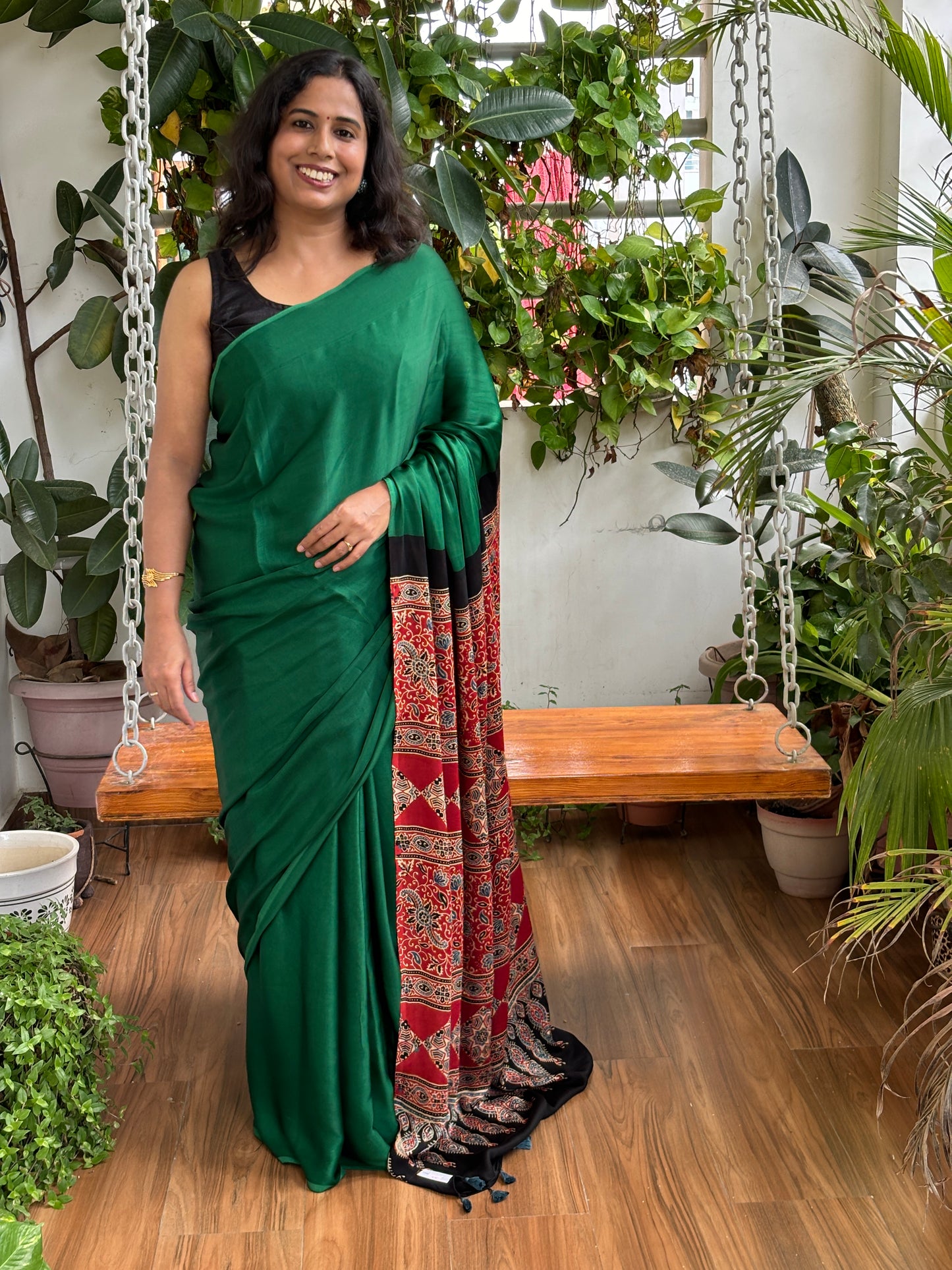 Foliage Affairs - Green Solid Colur Body With Natural Dyed Red Ajrakh Anchal