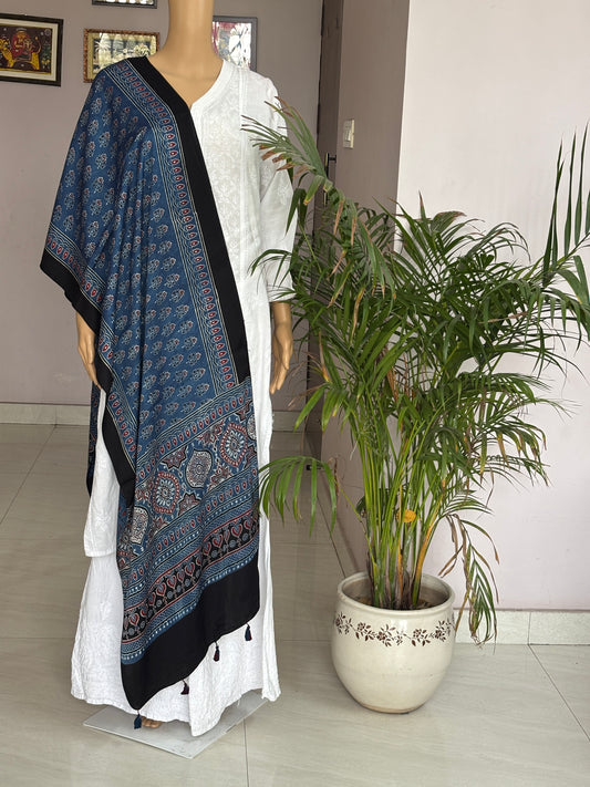Indigo Colour Natural Dyed Ajrakh Hand Block Printed Small Floral Modal Stole