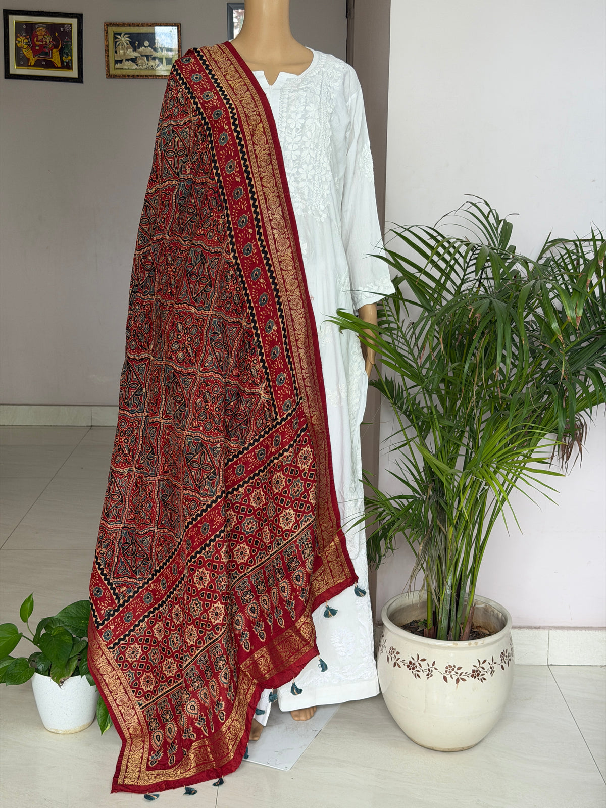 Ajrakh Dola Silk Dupatta With Zari Weaved Border