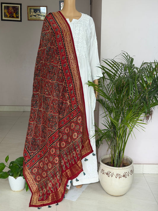 Ajrakh Dola Silk Dupatta With Zari Weaved Border